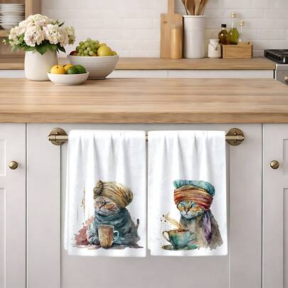 2/4/6pcs Set, Dish Towels With Printed Turkish Cat Drinking Coffee Pattern, Super Absorbent Microfiber Modern Dish Cloths, Cooking And Baking Tea Towels, Cleaning Rags, Hand Towels, Highly Soft And Absorbent, Kitchen Decor, Gifts For Neighbors, Mothers, Birthdays, Housewarming For Friends, Kitchen Essentials, Daily Necessities