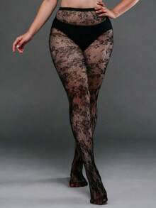 1 Pair Plus Size High Elasticity Floral Mesh Leggings, Women's Halloween Costume Tight Pants, Fashionable Sexy Black Mesh Pantyhose - Black - View 3