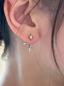 Star-Shaped Teardrop Stud Earrings, Unique Fashion Layered Earrings, Elegant High-End Earrings For Women, Christmas/Valentine's Day/Party/Gift - Silver - View 4