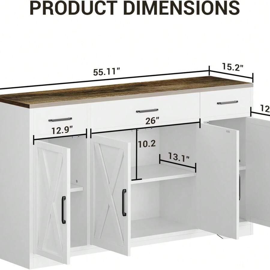 55" Buffet Sideboard  Cabinet With Drawers&Doors,Farmhouse Kitchen Storage Cabinet Wood Coffee Bar Cabinet With Shelves For Kitchen, Dining Room, Entryway - Trắng & Sồi - Xem 1