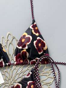 Bộ bikini 2 mảnh họa tiết hoa phối màu cổ điển, thích hợp cho bãi biển, hồ bơi, du thuyền, tiệc tùng trong kỳ nghỉ xuân và hè. - Đen và tím - Xem 4