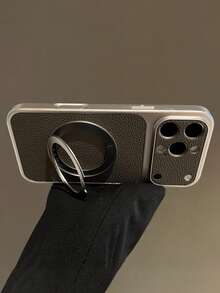 Fashion Lychee Leather Texture Large Window Phone Case Compatible With IPhone 17 Pro Max 17 Pro 16 Pro Max 15 Pro Max 14 Pro 13 12 Pro 16 17 Magnetic 360 Rotating Bracket Camera Protection Matte Soft Bumper Shockproof Cover - Grey - View 5