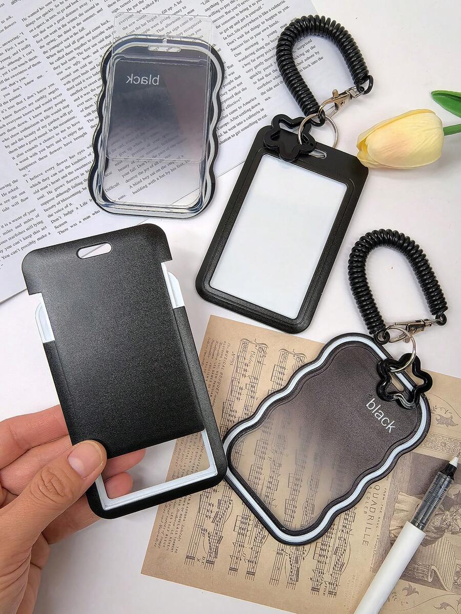 1pc Black Card Holder,Card Sleeve,Suitable For Student ID,Bus Card,Campus Card,HP Photo Paper,Star Chasing Card Set,With Spring Keychain Hanging Pendant,Boarding Pass And Luggage Tag - Black - View 1