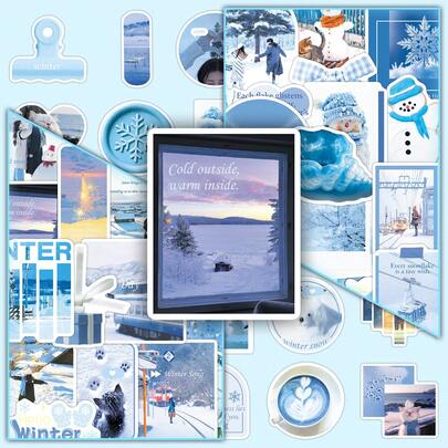 50pcs Winter Blue Tone Inspirational Quotes Soft Blue Dreamy Decorative Stickers For Notebook, Tablet, Waterproof