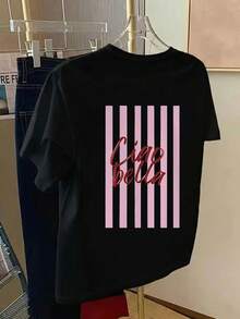 Áo thun nữ tay ngắn cổ tròn màu đỏ in chữ "Ciao Bella" phối sọc hồng nhạt, thích hợp cho mùa xuân, hè, thu, ngày Valentine, đi học. - màu đen - Xem 3