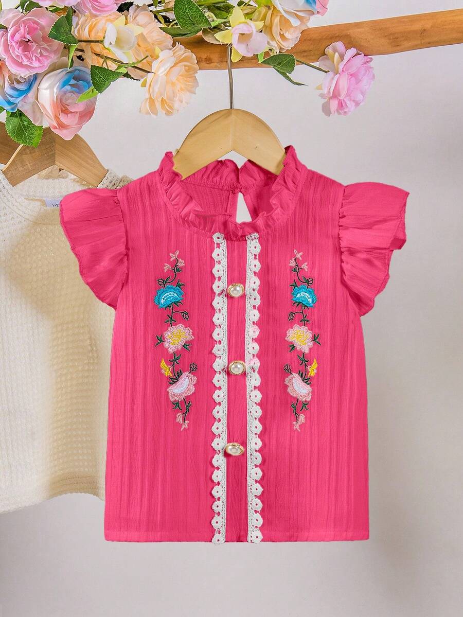 Stile energico estivo per ragazze! Blusa con maniche a volant e balze in avorio, con ricami floreali colorati e bottoni in perla, colletto Peter Pan morbido e carino, blusa traspirante - Fucsia - Visualizzare 1