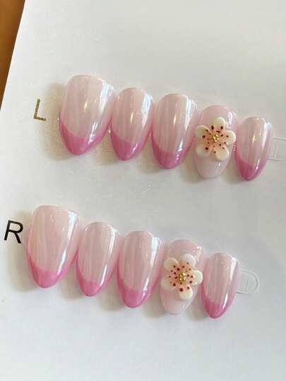 Conjunto de 10 adesivos de unhas fofos, minimalistas, rosa, estilo INS Y2K, com flores pequenas de cinco pétalas em relevo 3D, para unhas curtas em formato amêndoa.