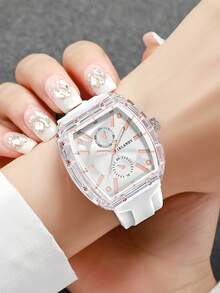 1pc Women's Silicone Watch, Fashion Casual Barrel-Shaped Dual-Eye Numeric Dial Quartz Wristwatch, Minimalist Design (Watch Box Not Included) - White - View 3