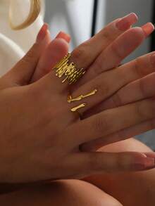 2pcs Stainless Steel 18K Gold Plated Elegant Minimalist Geometric Wave & Water Drop Adjustable Open Ring Set, Suitable For Women's Daily & Holiday Wear - Multicolor - View 8