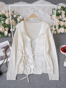 Women's Spring/Summer New Knitted 3D Lace Drawstring Hooded Cardigan, Long Sleeve Top Outerwear. French Romantic Lace Hooded Cardigan, Soft & Relaxed, Suitable For Wedding, Vacation, Dates - Apricot - View 9
