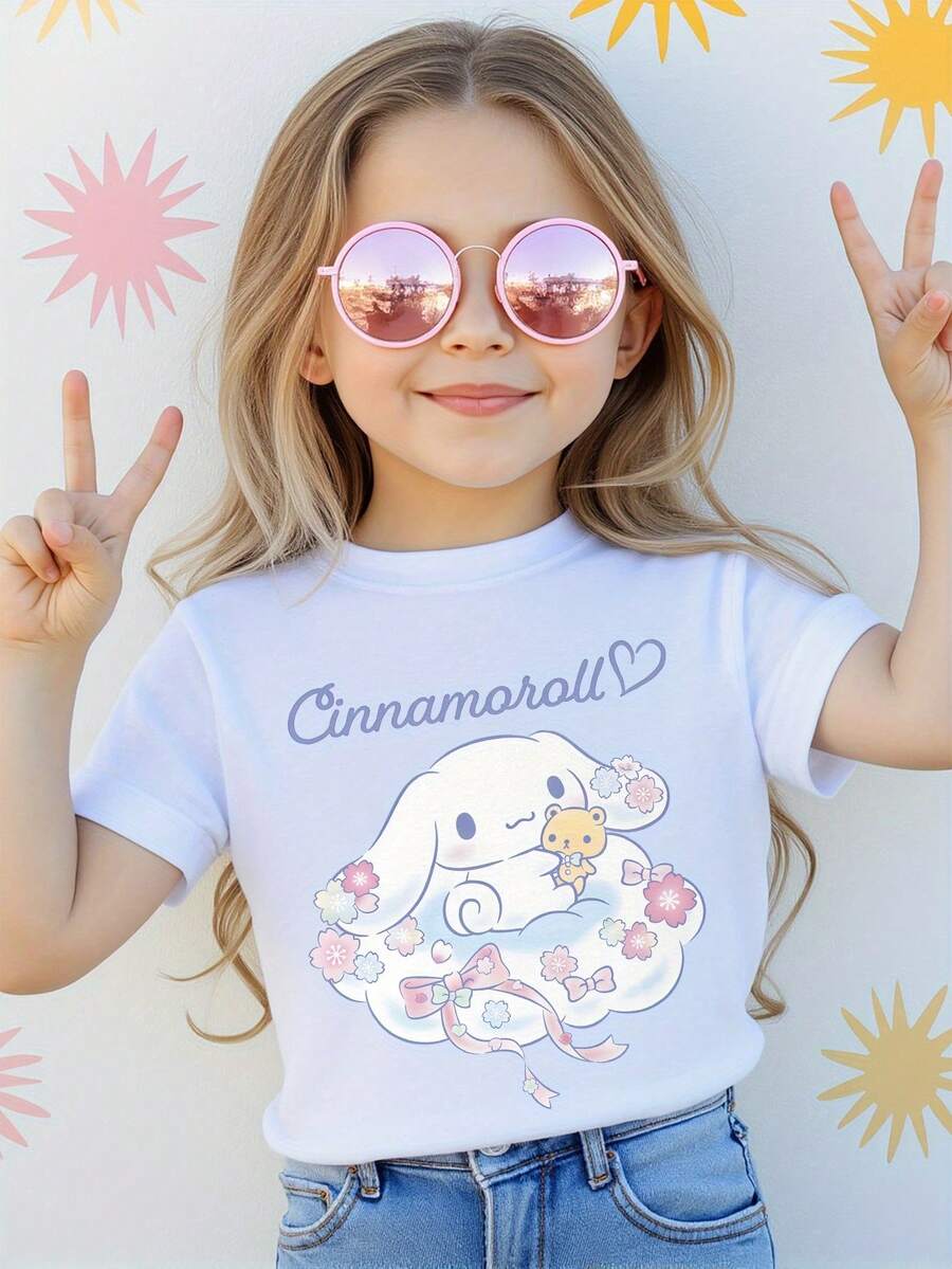 SANRIO 's Cinnamon Roll T-Shirt-A Soft Short-Sleeved T-Shirt Suitable For Girls, Printed With Cute Character Patterns, Suitable For Spring, Summer And Autumn, Casual Style, Breathable Fabric | Interesting Design | Comfortable Fit, Suitable For Boys And Girls' Birthday Parties, Perfect Holiday Gift. - trắng - Xem 1