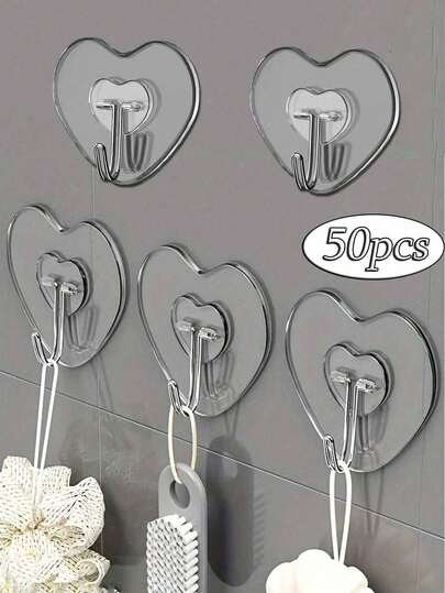 50/30/20/10/1pc Powerful Transparent Adhesive Wall Hooks - Casual Style, Easy Installation Without Drilling, Plastic Heart-Shaped Practical Hooks, Suitable For Kitchen And Bathroom, Wall-Mounted Storage Organizer, Bathroom Storage Rack, Bathroom Decor, Autumn Decor, Back To School Decor