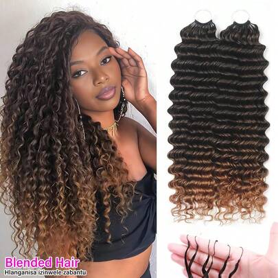 Human Crochet Hair For Deep Wave Crochet Blend Human Hair Bundles 18 Inch 55g Pre-Separated Feather Crochet Human Hair Deep Wavy Invisible Crochet Hair Extensions 50 Strands Natural Black