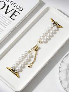 1pc Women's Luxury Extendable Metal Gold-Tone Pearl Chain Watch Band Strap Fits 38/40/41/44/45/49/42/46mm For Apple Watch S11/SE3/Ultra3/Ultra/SE/SE2/10/9/8/7/6/5/4/3/2/1 - Gold - View 3