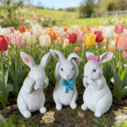 3pcs Easter Bunny Decoration Statue, Resin Production, Do Not Look, Do Not Say, Do Not Listen Bunny Decoration Set Of Three, Decorate The Courtyard, Balcony, Flower Pot, Table Top, Suitable For Spring, Holiday Atmosphere Layout, Easter Party Decoration Three Bunny Statue, Easter Perfect Gift