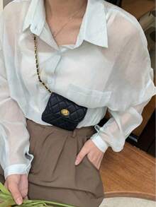 Women's Quilted Diamond Metal Chain Crossbody Bag - Elegant Niche Waist Bag, Compact Lipstick Coin Purse, Lightweight Daily Fashion Bag - 黑色 - 查看 8