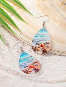 1 Đôi bông tai dáng dài bằng acrylic chủ đề bãi biển, in hình sao biển ven biển, trang sức du lịch dành cho nữ - Nhiều màu - Xem 2
