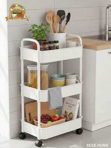 Multi-Function Rolling Storage Cart With Wheels, Plastic Woven Basket Organizer With Top Handle, Mobile Floor Standing Shelving Rack For Kitchen, Bathroom, Bedroom & Office Use - Multicolor - View 3