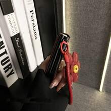 Keychain,Lanyard Luxury Ins Wine Red Straw Mat Pattern Phone Case With Sunflowers Leather Strap Compatible With Samsung Galaxy ZFlip7 Z Flip6 ZFlip 5 Zflip6 Zflip5 Shockproof Back Cover - Burgundy - View 7