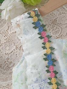 Robe fleurie pour filles, fleurs délicates/volants colorés et garniture en dentelle, robe à encolure carrée sans manches avec ceinture, style campagnard pour les vacances, les jeux en extérieur, les fêtes et le port quotidien - Multicolore - Voir 7