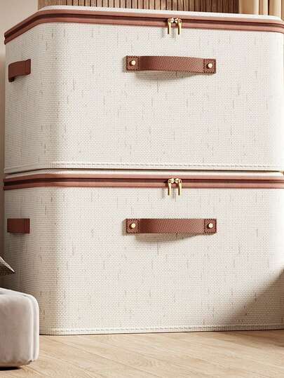 1pc Beige Linen Fabric Zipper Storage Box Cover - Foldable, Washable, Suitable For Wardrobe Storage Boxes, Clothes, Underwear, Socks, Underwear, Suitable For Home Boxes Of School Supplies And School Accessories. Clothing Cabinet Storage Set, Storage&Storage Supplies