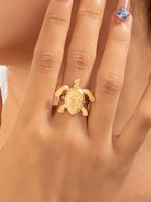 1pc Ocean Style Sea Turtle & Starfish Fashion Open Ring, Beach Vacation Single Ring - Gold - View 11