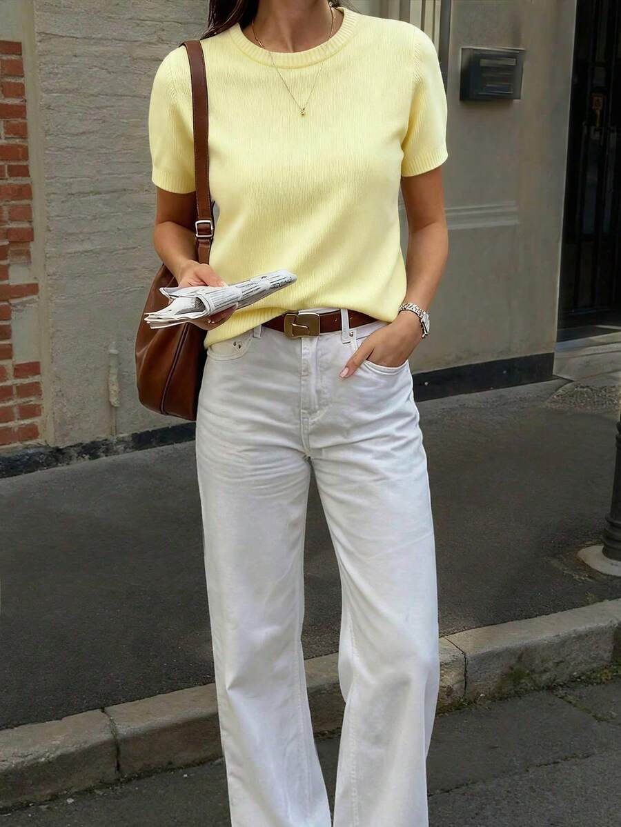 FOR BEAUTY 春夏条纹圆领短袖针织衫，女士新款休闲简约宽松套头衫，时尚优雅舒适家居服上衣