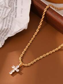 1pc Fashion Cross Pendant Necklace With Chain, Casual Hiphop Style - Yellow Gold - View 3