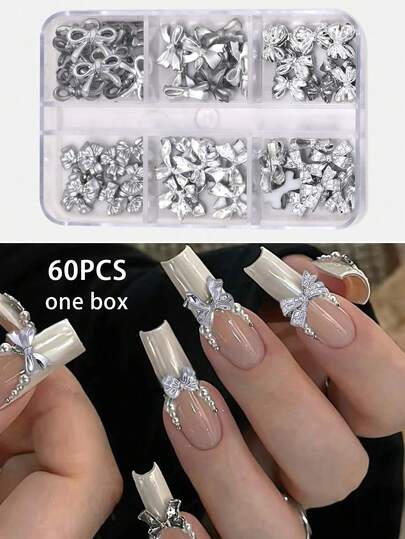 60pcs Shiny Silver Rhinestone Bow Tie Nail Art Decorations, 3D Nail Alloy Accessories, Y2K Style Women's Nail Art Decor, Suitable For Makeup Styling Products, Nail Art Jewelry - Christmas Nail Decor, Valentine's Day Nail Decor, DIY Art Decor Accessories, Handmade Crafts, Cute Nail Art Supplies