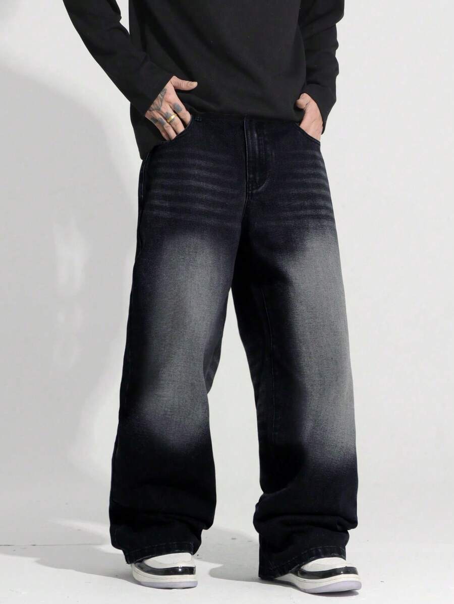 1 chiếc quần jeans ống rộng dáng suông độc đáo phong cách đường phố Mỹ Justice Brother dành cho nam giới. - màu đen - Xem 1