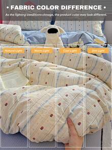 Juego de ropa de cama a rayas de tulipán de color crema refrescante, 4 piezas, acogedor y curativo, transpirable y amigable con la piel, primavera/verano, todo el año, textura de gasa de doble capa desmontable y lavable a máquina (1 funda nórdica + 1 sábana + 2 fundas de almohada, sin edredón ni almohadas), patrón de funda de almohada aleatorio, individual/doble, adecuado para solteros, parejas, ambiente de hogar de alquiler - Celeste - Ver 7