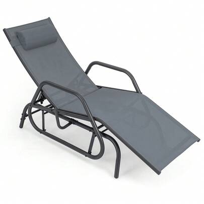  COSTWAY Outdoor Glider Recliner Chair With Armrests & Pillow, Adjustable Swinging Rocking Chair With Sturdy Metal Frame & Breathable Fabric, Patio Gliding Chair  For Poolside, Backyard, Grey