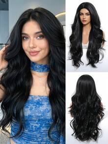 28英寸长自然波浪卷假发，自然黑色假发，中分缝合成纤维假发，耐热长卷假发，适合女性日常、派对、角色扮演、圣诞节、万圣节等场合佩戴。 - 自然黑 - 查看 2