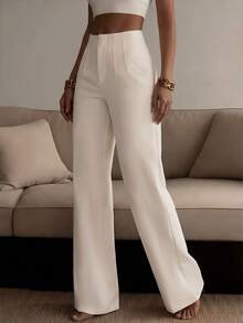 Women's Solid Color Wide Leg Straight Casual Pants, Minimalist Business Versatile Commuter Trousers Spring - Apricot - View 4