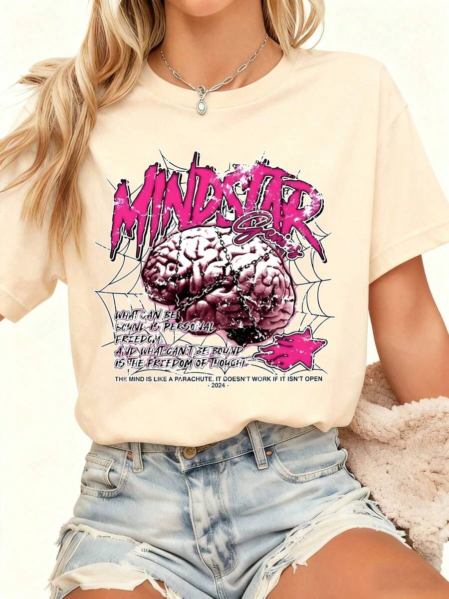 Pink Brain Chain Graphic Inspirational T-Shirt,Comfortable Casual Short Sleeve, 220 Grams Heavyweight Cotton Printed T-Shirt - 杏色 - 查看 1