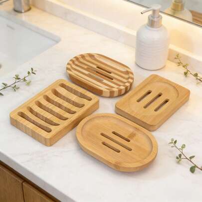 4pcs Handmade Bamboo Soap Dish With Self-Drainage Design, Mold & Insect Proof Soap Holder For Bathroom, Shower, Kitchen, Extends Soap Lifespan