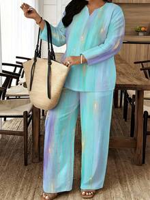 1 Set Retro Woven Small V-Neck Long-Sleeve Wide-Leg Pants Women's Plus Size Set For Summer Home & Birthday Gift, With Cyan-Blue-Purple Gradient Gold Line Splash - 彩色 - 查看 2