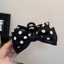 1pc Versatile Polka Dot Double-Sided Bow Clip, Suitable For Casual, Outing, Commuting, Vacation, Washing Face, Makeup, Matching Outfits - Black and White - View 3