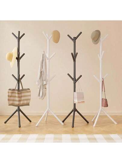 1pc White 9-Hook Floor Standing Coat Rack, Nordic Minimalist Single Rod Bedroom Clothes Hanger - No Installation Required, Sturdy Household Clothing/Hat/Bag/Towel Hooks With Floor-Standing Coat Rack, Sized For Daily Balanced Garment Hanging