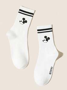 Disney 5/1 Pair Spring/Summer Crew Socks, Cute Cartoon Black & White Big Head And Pattern, Classic Simple Moisture-Wicking Comfortable White Double Stripe Socks/Sports Socks, Suitable For Parties, Casual Sports, Outings, Gift Giving - Black and White - View 4