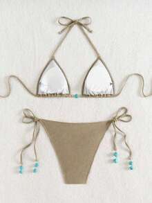 夏季新款卡其色细肩带露背比基尼，侧边系带，配蓝色串珠吊坠，两件套泳衣，女士度假海滩装 - 卡其色 - 查看 5