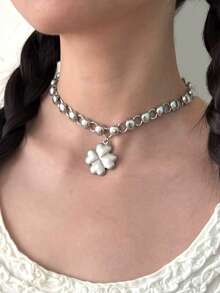 1件 2026春夏新款镂空四叶草吊坠项链，银色Y2K时尚朋克风，适合女性派对佩戴 - 銀色 - 查看 5