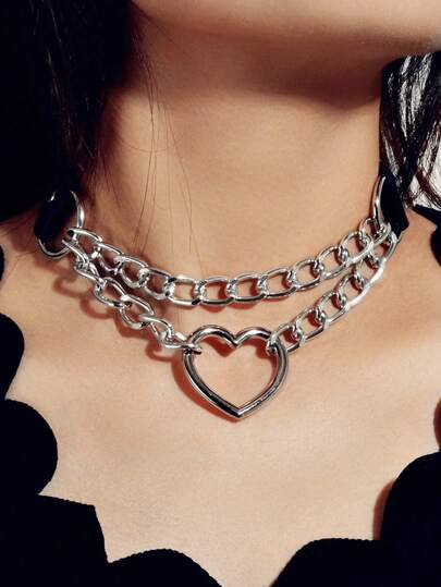 1件装女士原宿风心形链条项链，时尚皮革心形颈链