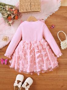 Vestido de malla con parches de mariposa para niñas en primavera/otoño, vestido casual de princesa con cuello redondo, manga larga, decoración de moño y empalme de malla, adecuado para niñas de 4 a 7 años para uso diario, al aire libre, calle y fiestas - Rosa - Ver 2