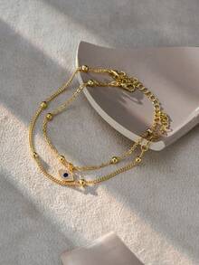 2pcs/Set Classic Fashion Summer Vacation Gold Devil's Eye Pendant Beaded Bracelet For Women (Bead Quantity Random) - Yellow Gold - View 6