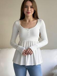 Awevudst Women's Babydoll Tops Long Sleeve Henley Shirts Cute Scoop Neck Ribbed Knit Blouse - 白色 - 查看 5