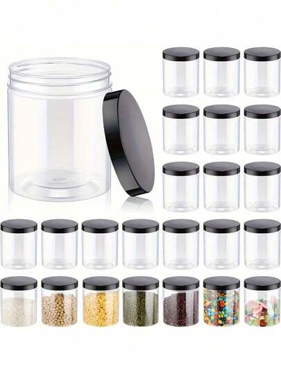 5pcs/3pcs/1pc 8oz Transparent Plastic Cans With Black Ribbed Lid - Wide Mouth, Airtight Container For Dry Goods, Candies, Spices, Beads, Etc. - Perfect For Kitchen Storage, Pantry Organization, And Crafts/Candy Storage | Elegant Transparent Cans | Airtight Seal, Essential Household Storage Items, Kitchen Supplies, Home Decor, Gifts For Women, Gifts For Men ﻿