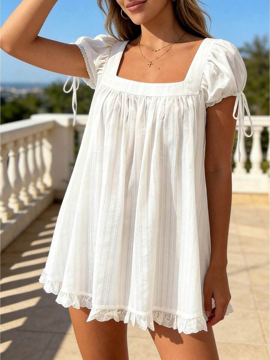 Women's Square Neck Puff Sleeve Babydoll Top Lace Trim Ruffle Hem Blouse Summer Casual Flowy Tunic Top For Beach Vacation - 白色 - 查看 1