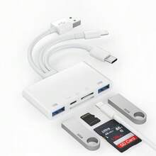Tangle-Free 5-In-1 Storage Card Reader With USB A And Charging Port, 1pc 5-In-1 Storage Card Reader With USB A And Charging Port, Compatible With IPhone 17 Pro Max/17 Pro/17/Air/16/15/14/13/12/11/XS/XR/8/7/6, Android, PC, Tablets, Cameras, Hard Drives, Flash Drives Lightning + USB A + USB-C To SD Card Reader Easter Spring Gift - White - View 2