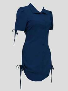 Camisa de manga corta elegante con botones y cintura elástica - Adecuada para ocasiones casuales y formales, ropa casual |   Estilo refinado |   Blusa de manga corta de verano - Verde - Ver 10